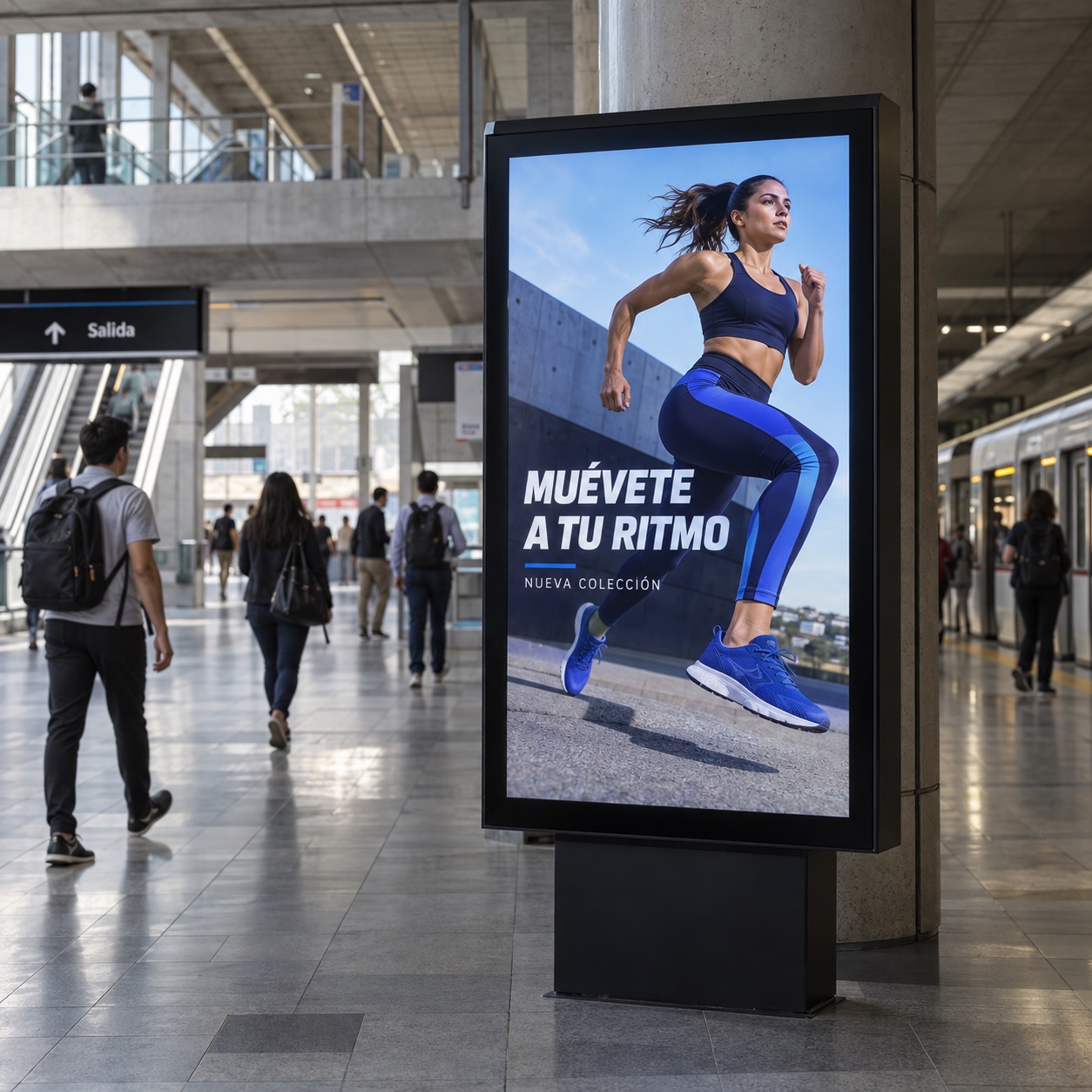Ejemplo ilustrativo de una pantalla publicitaria vertical en una estación de metro, con una campaña deportiva y personas en tránsito.