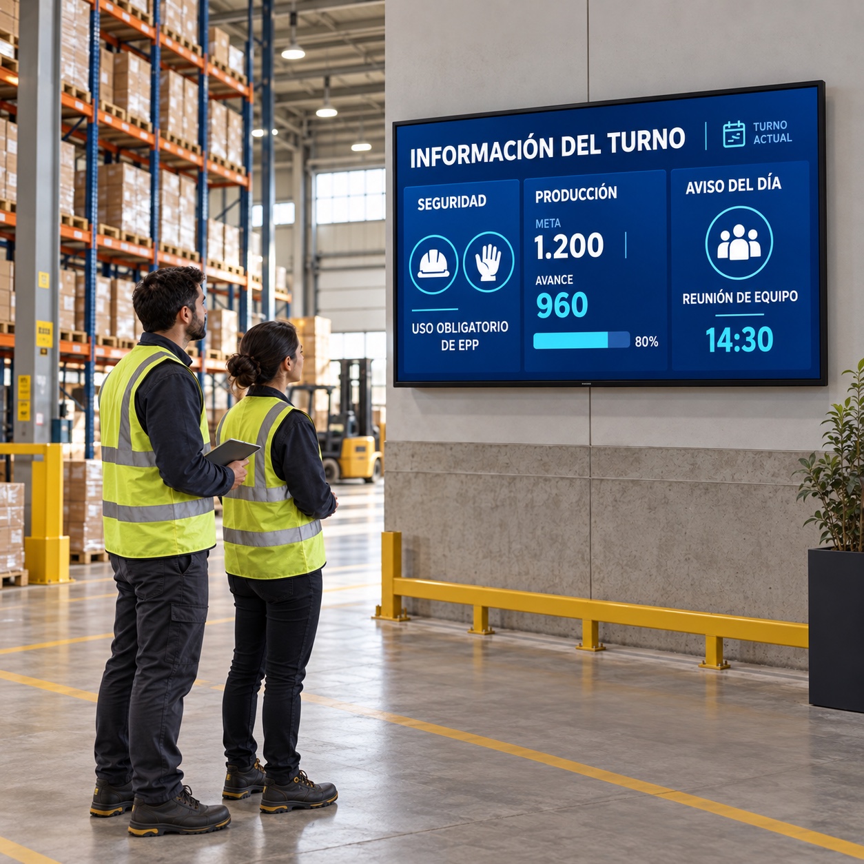 Vista amplia de una planta con trabajadores consultando una pantalla de seguridad, avance de producción y avisos del turno.
