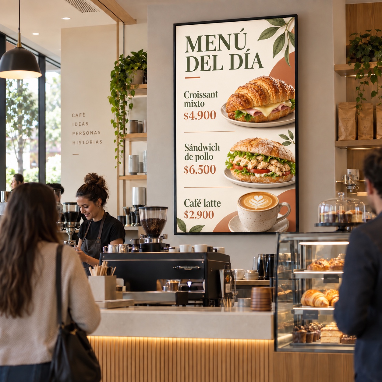 Cafetería con una pantalla de menú digital que muestra platos, fotografías y precios.