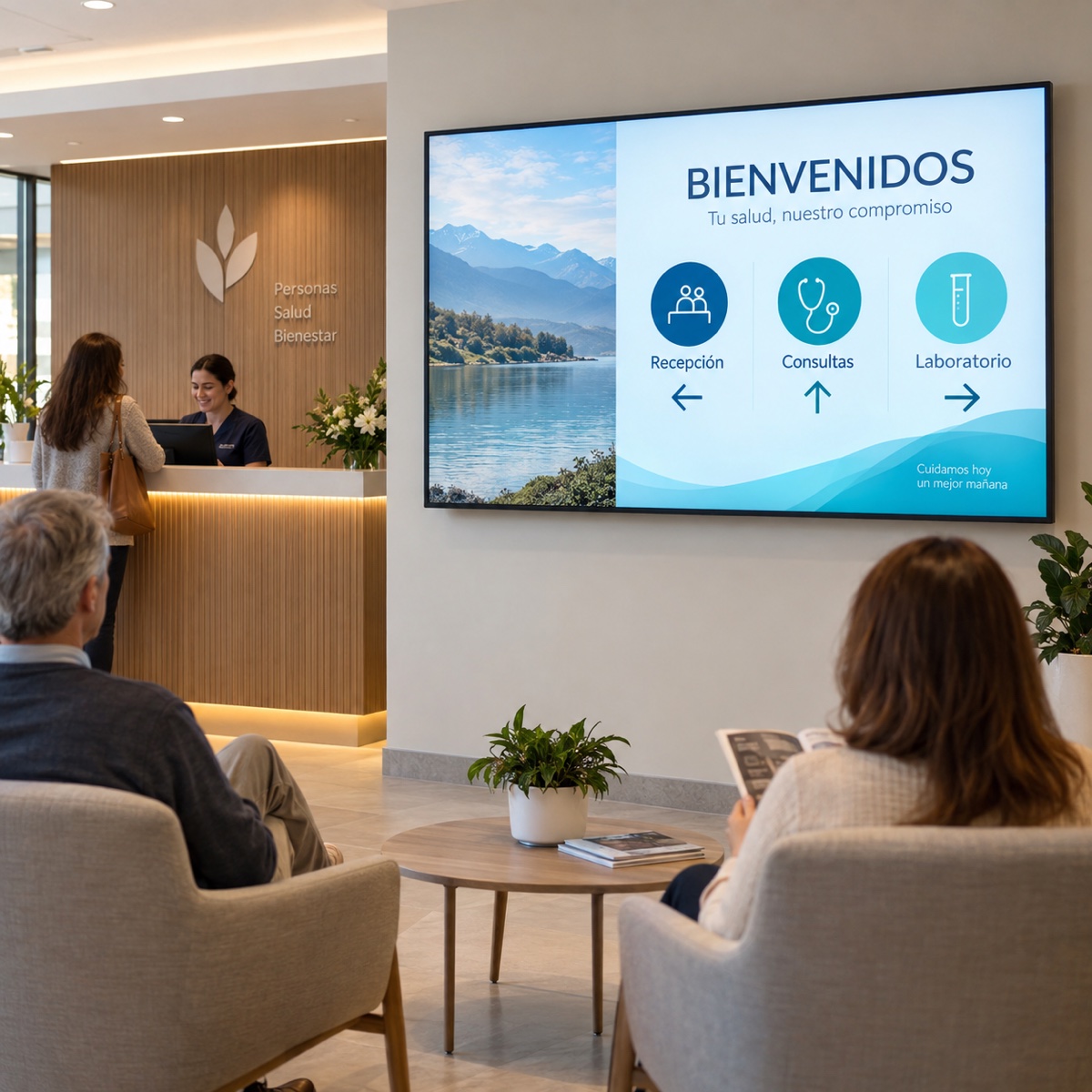 Sala de espera de una clínica con una pantalla que orienta a los pacientes hacia los servicios.